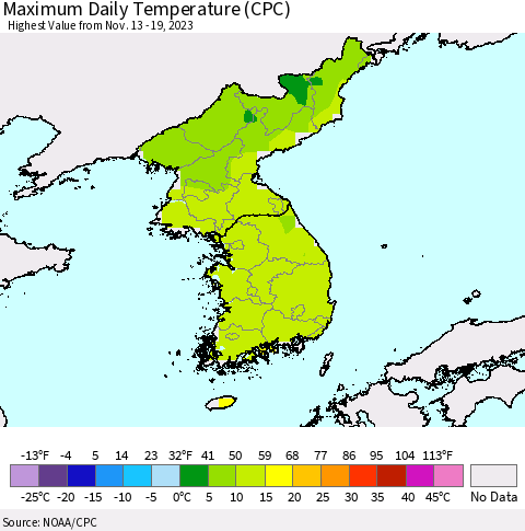 Korea Maximum Daily Temperature (CPC) Thematic Map For 11/13/2023 - 11/19/2023