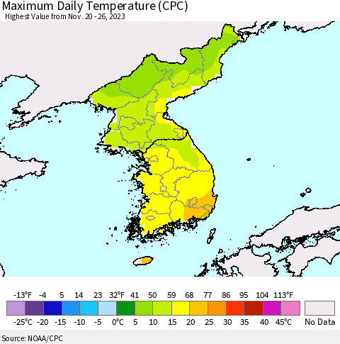 Korea Maximum Daily Temperature (CPC) Thematic Map For 11/20/2023 - 11/26/2023