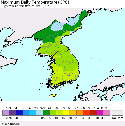 Korea Maximum Daily Temperature (CPC) Thematic Map For 11/27/2023 - 12/3/2023