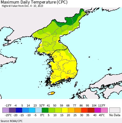 Korea Maximum Daily Temperature (CPC) Thematic Map For 12/4/2023 - 12/10/2023