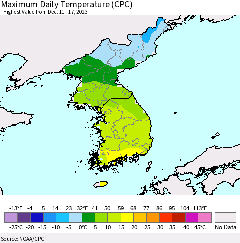 Korea Maximum Daily Temperature (CPC) Thematic Map For 12/11/2023 - 12/17/2023