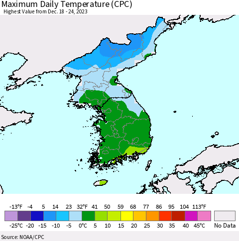 Korea Maximum Daily Temperature (CPC) Thematic Map For 12/18/2023 - 12/24/2023