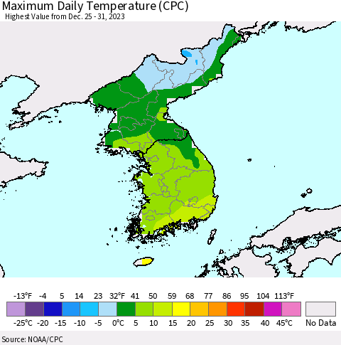 Korea Maximum Daily Temperature (CPC) Thematic Map For 12/25/2023 - 12/31/2023