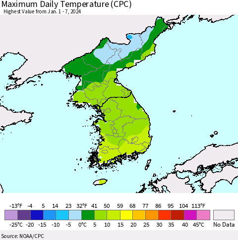Korea Maximum Daily Temperature (CPC) Thematic Map For 1/1/2024 - 1/7/2024