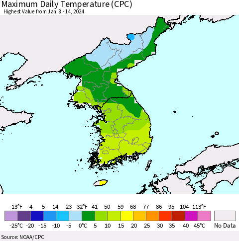 Korea Maximum Daily Temperature (CPC) Thematic Map For 1/8/2024 - 1/14/2024