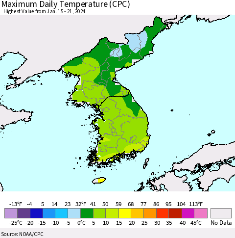 Korea Maximum Daily Temperature (CPC) Thematic Map For 1/15/2024 - 1/21/2024