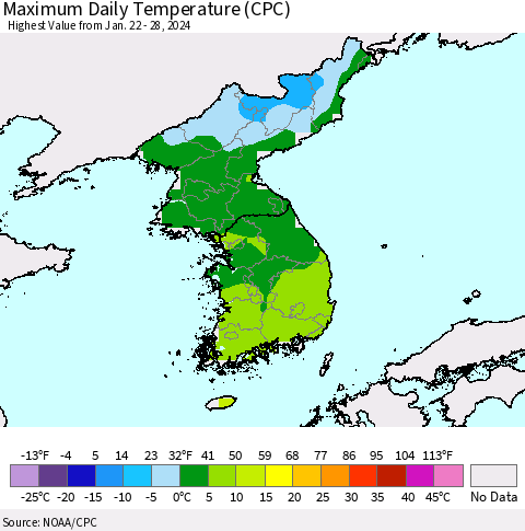 Korea Maximum Daily Temperature (CPC) Thematic Map For 1/22/2024 - 1/28/2024
