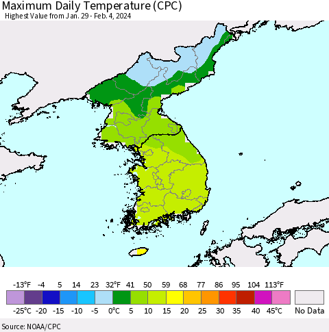 Korea Maximum Daily Temperature (CPC) Thematic Map For 1/29/2024 - 2/4/2024