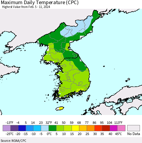 Korea Maximum Daily Temperature (CPC) Thematic Map For 2/5/2024 - 2/11/2024