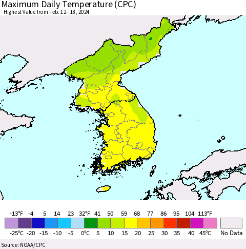 Korea Maximum Daily Temperature (CPC) Thematic Map For 2/12/2024 - 2/18/2024