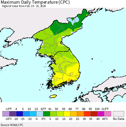 Korea Maximum Daily Temperature (CPC) Thematic Map For 2/19/2024 - 2/25/2024