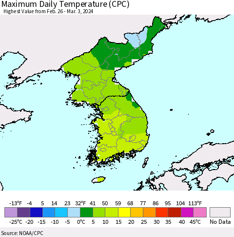 Korea Maximum Daily Temperature (CPC) Thematic Map For 2/26/2024 - 3/3/2024