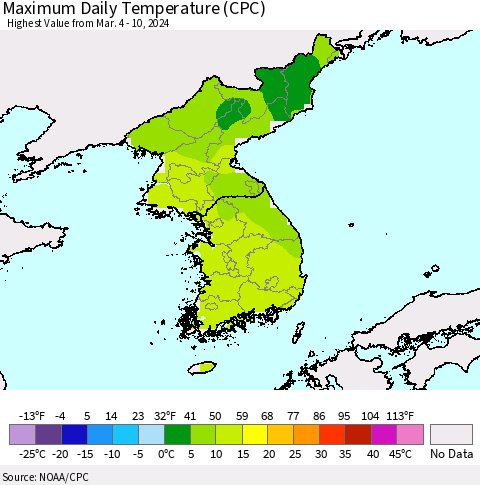 Korea Maximum Daily Temperature (CPC) Thematic Map For 3/4/2024 - 3/10/2024