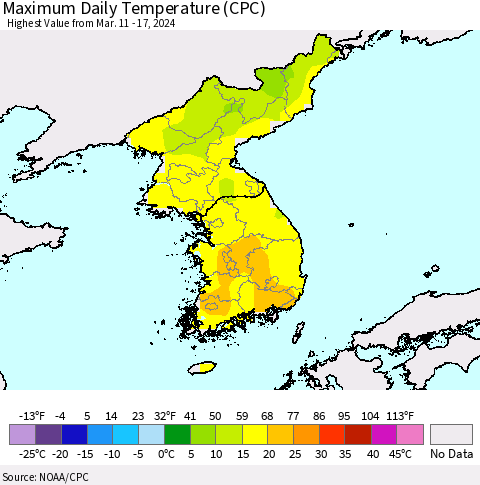 Korea Maximum Daily Temperature (CPC) Thematic Map For 3/11/2024 - 3/17/2024