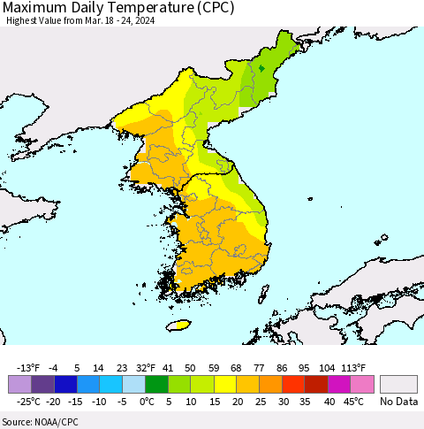 Korea Maximum Daily Temperature (CPC) Thematic Map For 3/18/2024 - 3/24/2024