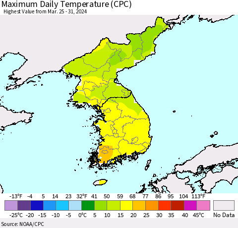 Korea Maximum Daily Temperature (CPC) Thematic Map For 3/25/2024 - 3/31/2024