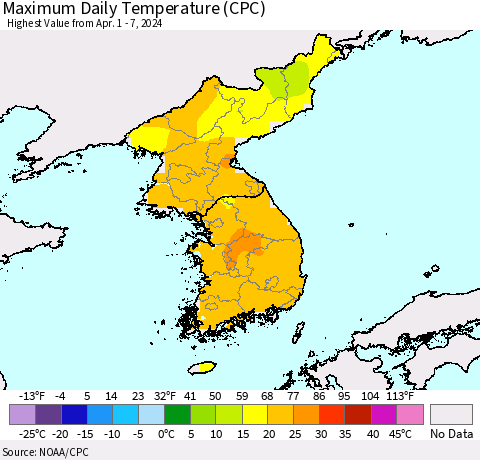 Korea Maximum Daily Temperature (CPC) Thematic Map For 4/1/2024 - 4/7/2024