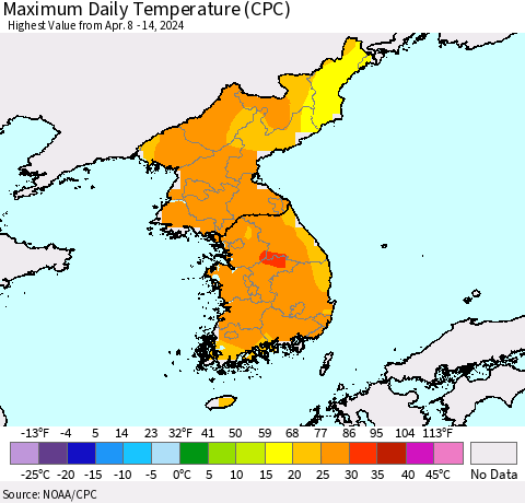 Korea Maximum Daily Temperature (CPC) Thematic Map For 4/8/2024 - 4/14/2024