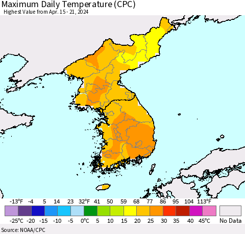 Korea Maximum Daily Temperature (CPC) Thematic Map For 4/15/2024 - 4/21/2024