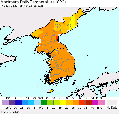 Korea Maximum Daily Temperature (CPC) Thematic Map For 4/22/2024 - 4/28/2024