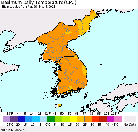 Korea Maximum Daily Temperature (CPC) Thematic Map For 4/29/2024 - 5/5/2024