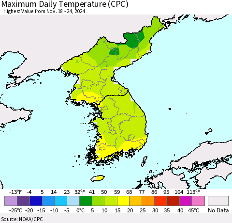 Korea Maximum Daily Temperature (CPC) Thematic Map For 11/18/2024 - 11/24/2024