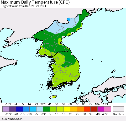 Korea Maximum Daily Temperature (CPC) Thematic Map For 12/23/2024 - 12/29/2024