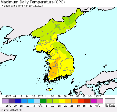Korea Maximum Daily Temperature (CPC) Thematic Map For 3/10/2025 - 3/16/2025