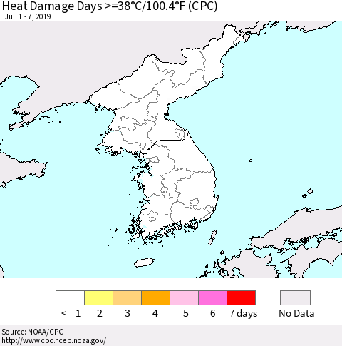 Korea Heat Damage Days >=38°C/100°F (CPC) Thematic Map For 7/1/2019 - 7/7/2019