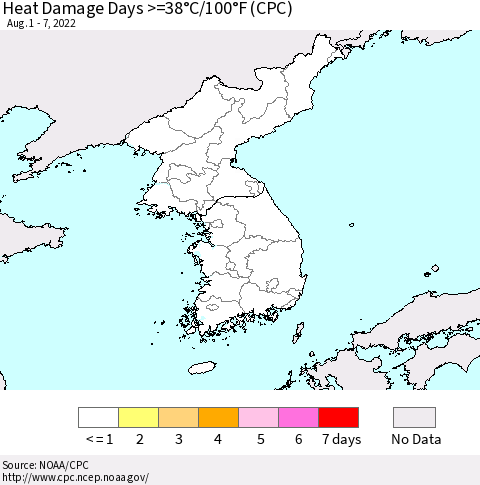 Korea Heat Damage Days >=38°C/100°F (CPC) Thematic Map For 8/1/2022 - 8/7/2022