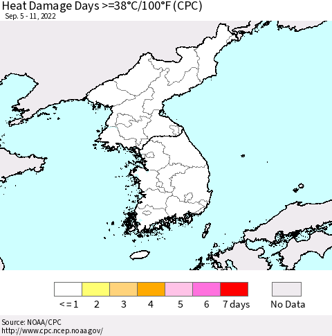 Korea Heat Damage Days >=38°C/100°F (CPC) Thematic Map For 9/5/2022 - 9/11/2022