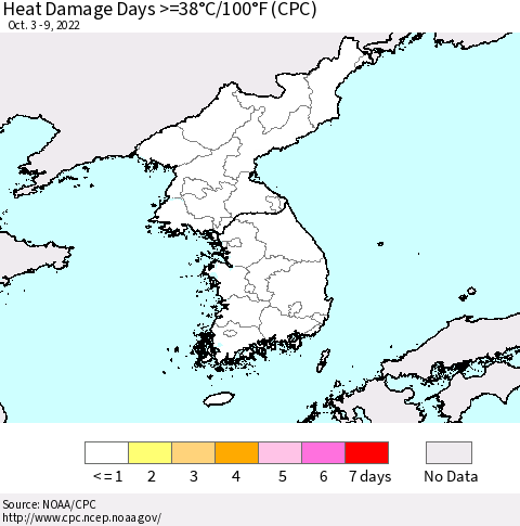 Korea Heat Damage Days >=38°C/100°F (CPC) Thematic Map For 10/3/2022 - 10/9/2022