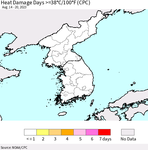 Korea Heat Damage Days >=38°C/100°F (CPC) Thematic Map For 8/14/2023 - 8/20/2023