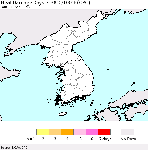 Korea Heat Damage Days >=38°C/100°F (CPC) Thematic Map For 8/28/2023 - 9/3/2023