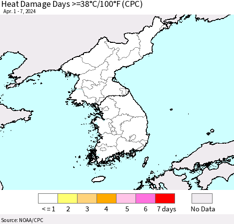 Korea Heat Damage Days >=38°C/100°F (CPC) Thematic Map For 4/1/2024 - 4/7/2024