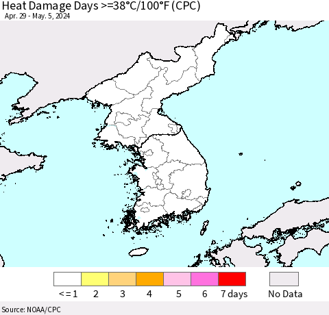 Korea Heat Damage Days >=38°C/100°F (CPC) Thematic Map For 4/29/2024 - 5/5/2024