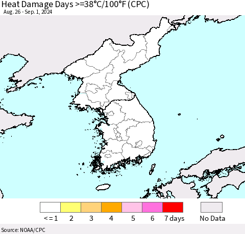 Korea Heat Damage Days >=38°C/100°F (CPC) Thematic Map For 8/26/2024 - 9/1/2024