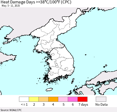Korea Heat Damage Days >=38°C/100°F (CPC) Thematic Map For 5/5/2025 - 5/11/2025