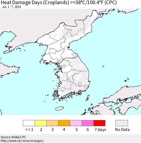 Korea Heat Damage Days (Croplands) >=38°C/100°F (CPC) Thematic Map For 7/1/2019 - 7/7/2019