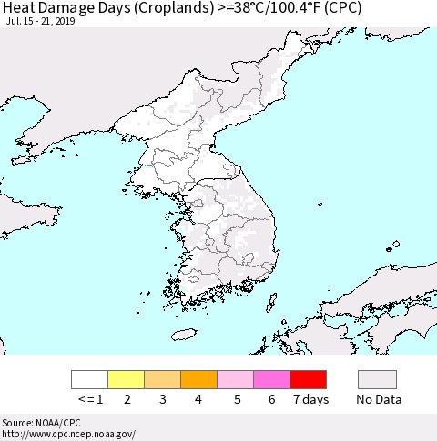 Korea Heat Damage Days (Croplands) >=38°C/100°F (CPC) Thematic Map For 7/15/2019 - 7/21/2019