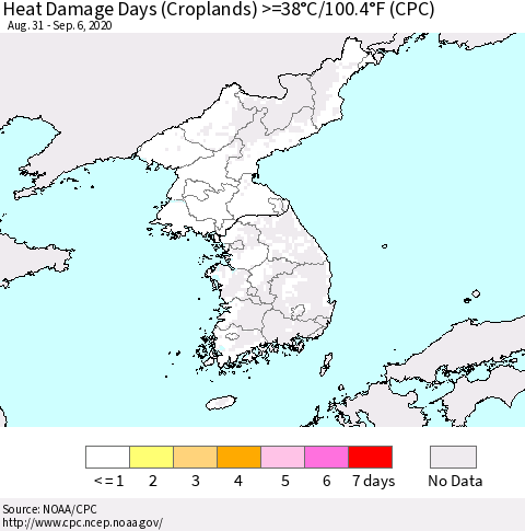 Korea Heat Damage Days (Croplands) >=38°C/100°F (CPC) Thematic Map For 8/31/2020 - 9/6/2020
