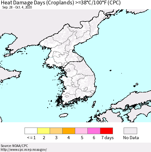 Korea Heat Damage Days (Croplands) >=38°C/100°F (CPC) Thematic Map For 9/28/2020 - 10/4/2020