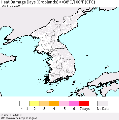 Korea Heat Damage Days (Croplands) >=38°C/100°F (CPC) Thematic Map For 10/5/2020 - 10/11/2020