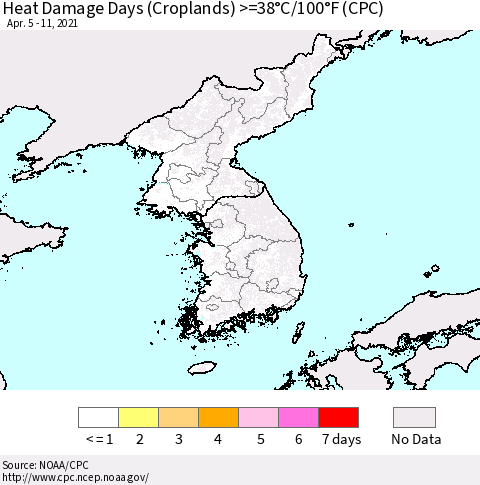 Korea Heat Damage Days (Croplands) >=38°C/100°F (CPC) Thematic Map For 4/5/2021 - 4/11/2021
