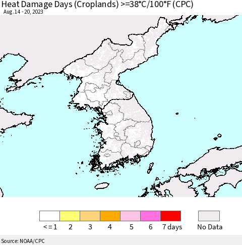 Korea Heat Damage Days (Croplands) >=38°C/100°F (CPC) Thematic Map For 8/14/2023 - 8/20/2023