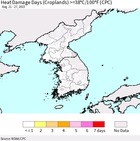 Korea Heat Damage Days (Croplands) >=38°C/100°F (CPC) Thematic Map For 8/21/2023 - 8/27/2023