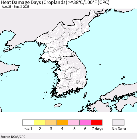 Korea Heat Damage Days (Croplands) >=38°C/100°F (CPC) Thematic Map For 8/28/2023 - 9/3/2023