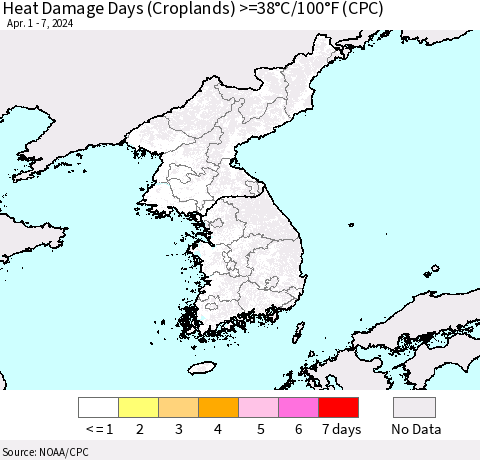 Korea Heat Damage Days (Croplands) >=38°C/100°F (CPC) Thematic Map For 4/1/2024 - 4/7/2024