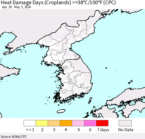 Korea Heat Damage Days (Croplands) >=38°C/100°F (CPC) Thematic Map For 4/29/2024 - 5/5/2024