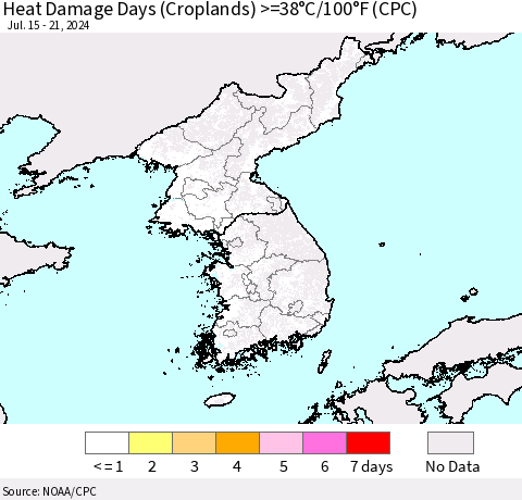 Korea Heat Damage Days (Croplands) >=38°C/100°F (CPC) Thematic Map For 7/15/2024 - 7/21/2024